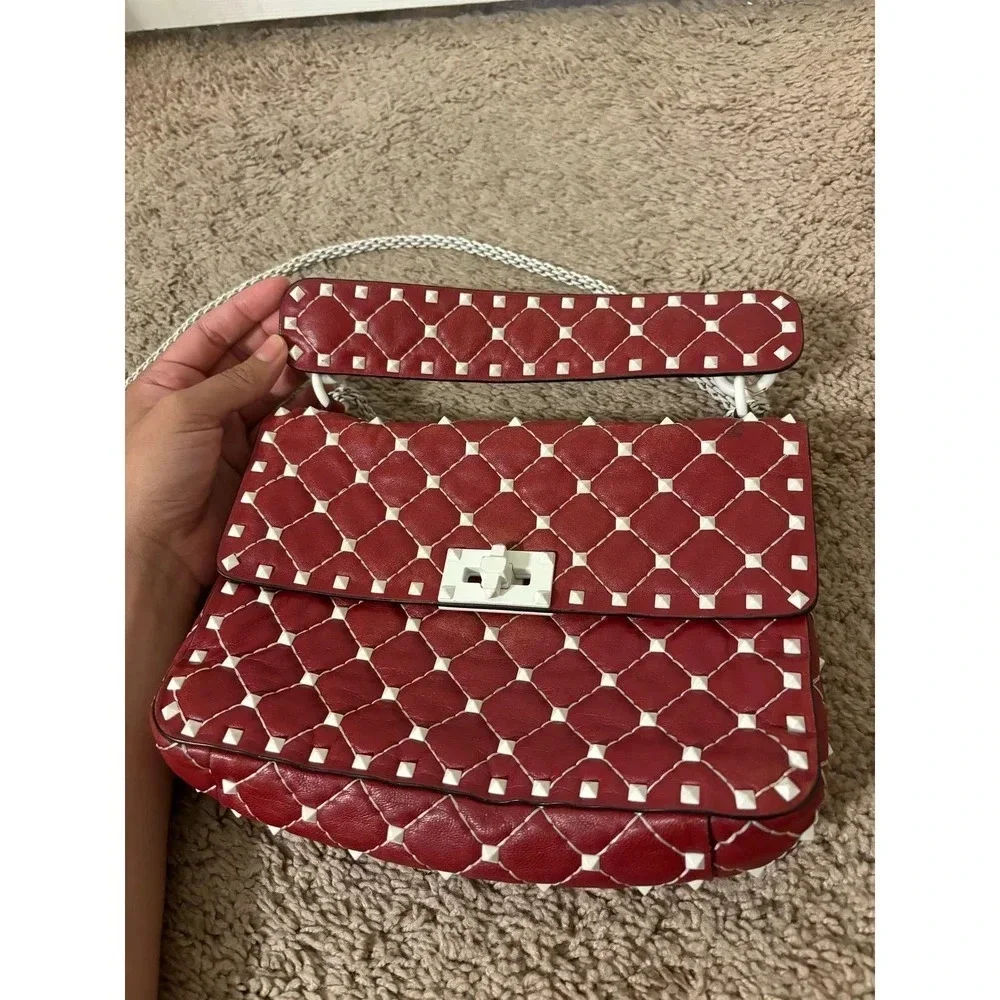 Valentino Rockstud Spike Red White Quilted Handle Shoulder chain Bag.